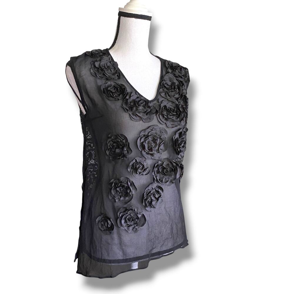 Y2k Tracy Reese Black Sheer Chiffon & Lace Rosette Sleeveless Blouse Top Sz S